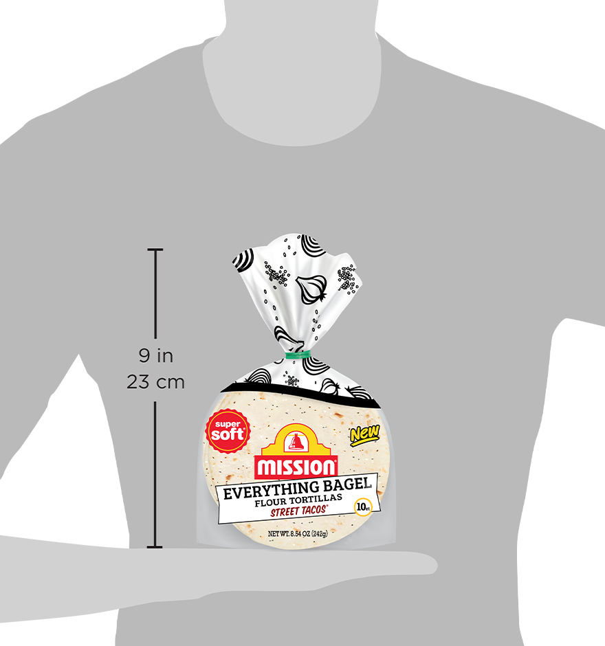 Package size of Mission Everything Bagel Flour Tortillas