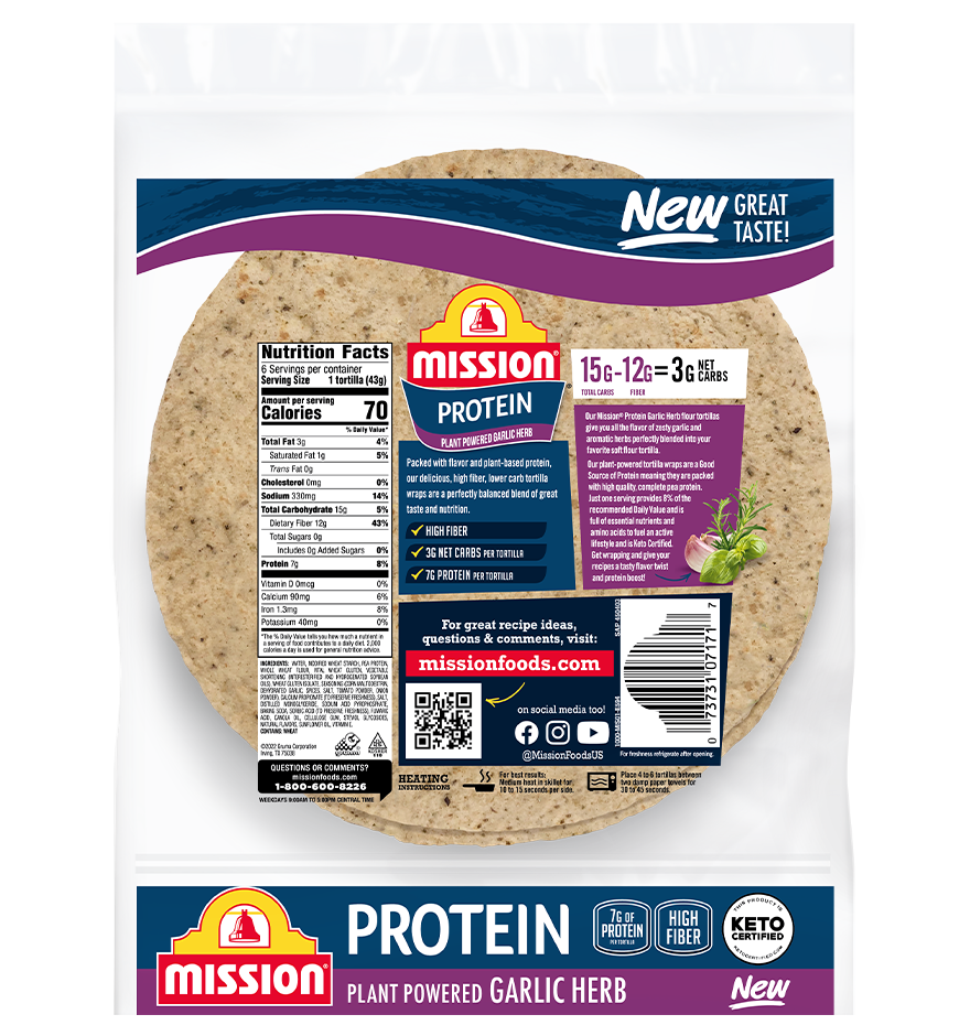 Backside of Mission Garlic Herb Protein Tortillas