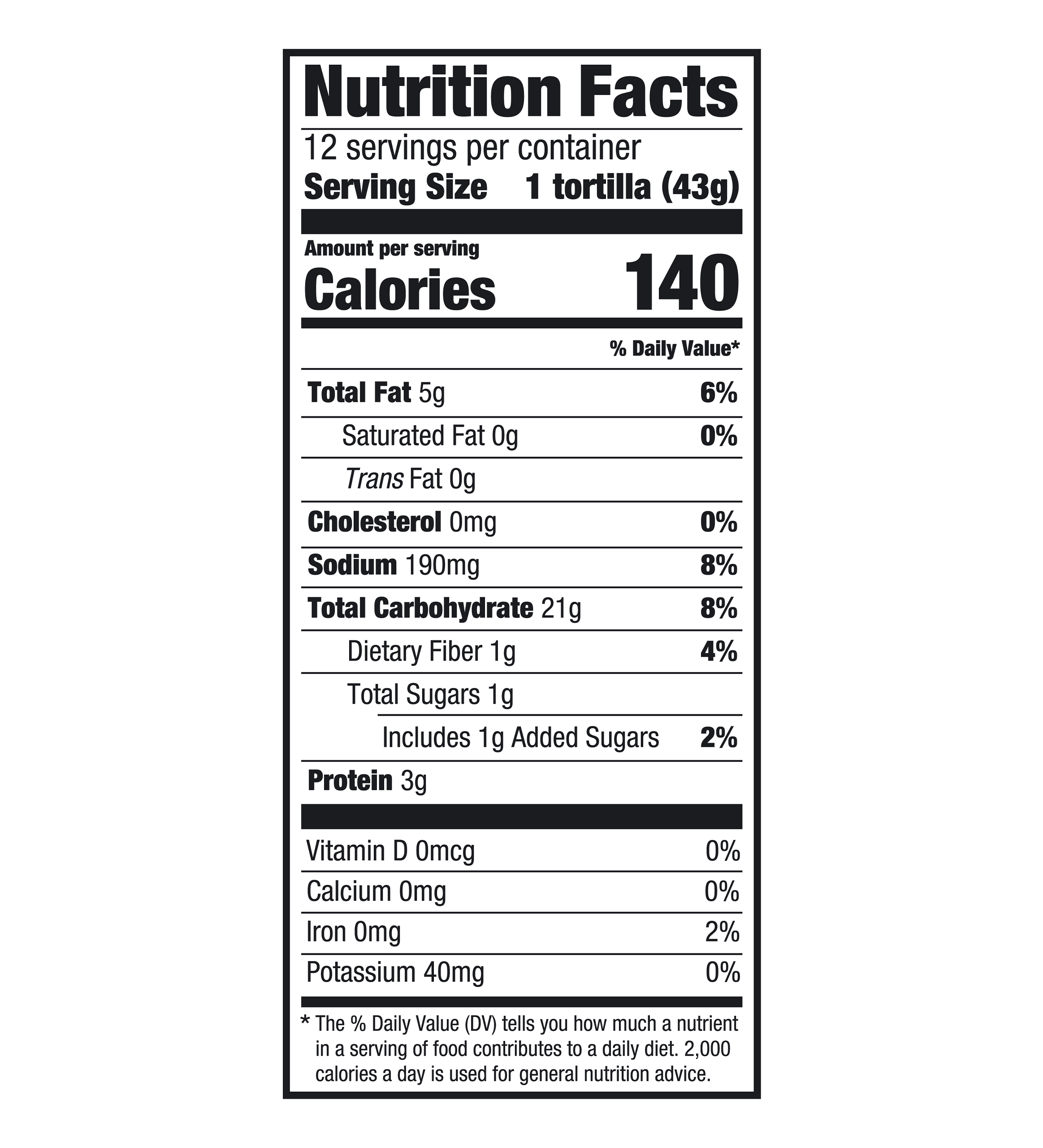 Ready to Cook Tortillas nutrition facts