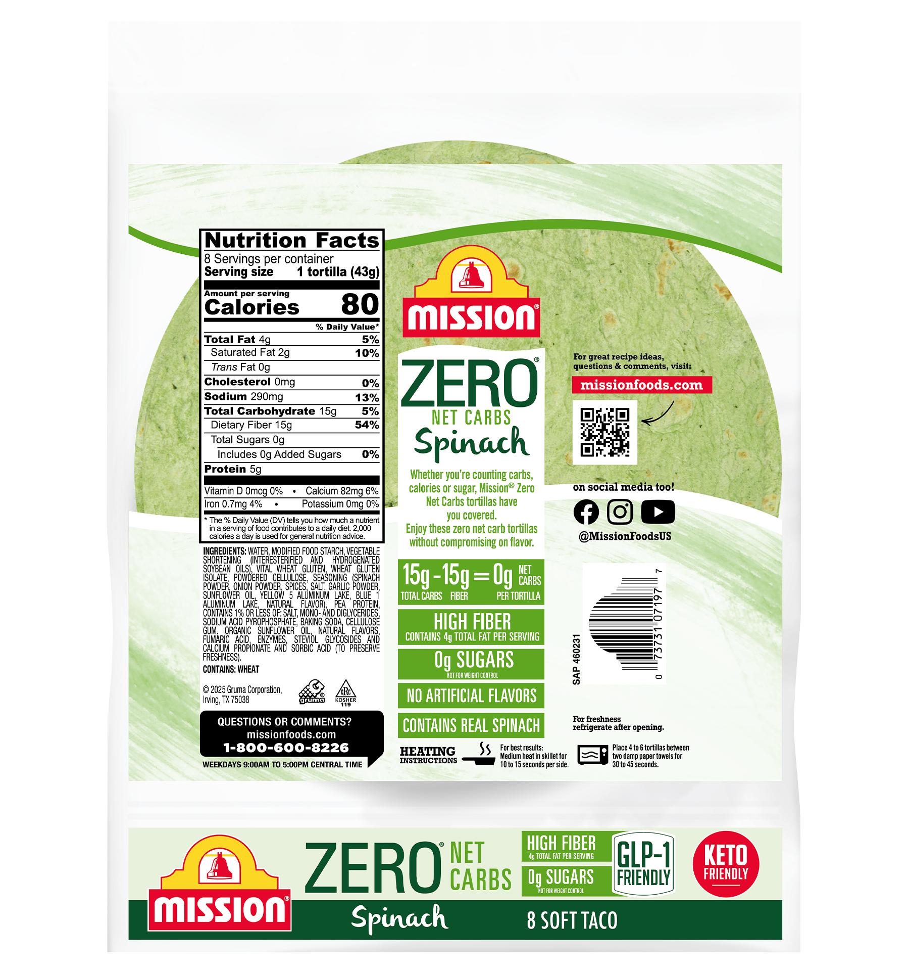 Zero Net Carbs Spinach Soft Taco Tortillas - Mission Foods